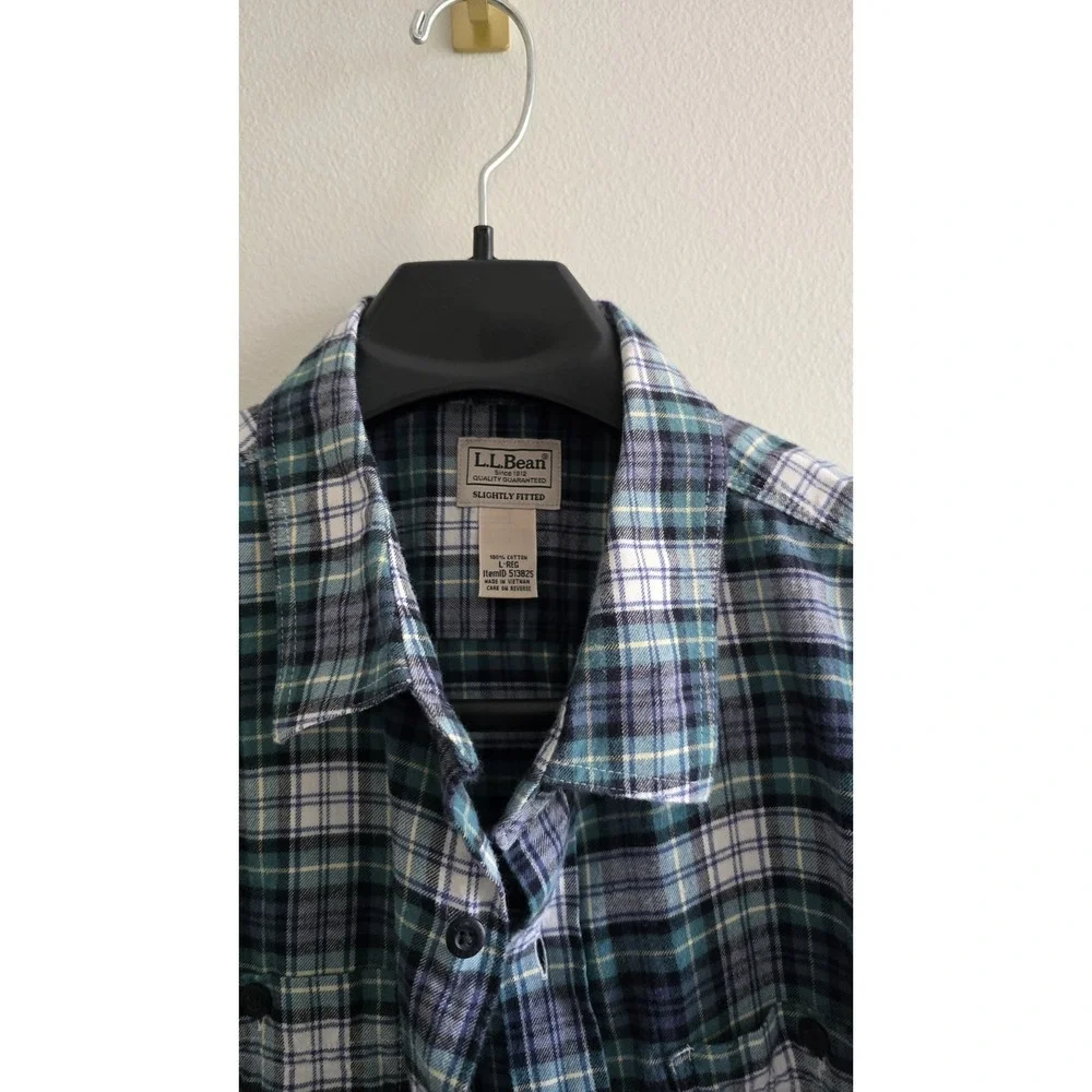 L.L.Bean Plaid Flannel Shirt Mens Large Regular Slightly Fitted Blue‎ Cotton